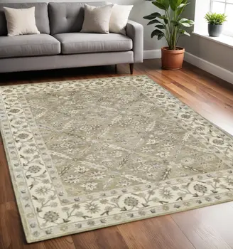 5' X 8' Green Brown And Taupe Wool Paisley Tufted Handmade Stain Resistant Area Rug
