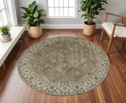 10' Green Brown And Taupe Round Wool Paisley Tufted Handmade Stain Resistant Area Rug