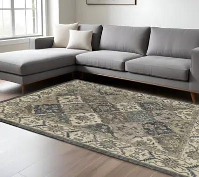 8' X 11' Blue Gray And Taupe Wool Paisley Tufted Handmade Stain Resistant Area Rug