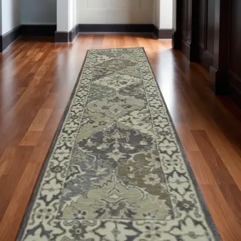 10' Blue and Gray Floral Hand Tufted Runner Rug