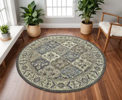 8' Blue Gray And Taupe Round Wool Paisley Tufted Handmade Stain Resistant Area Rug