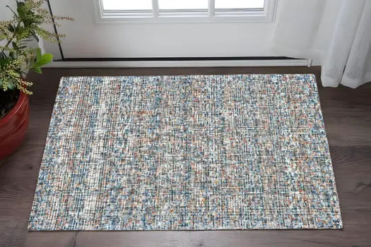 2' X 3' Blue Ivory And Orange Plaid Tufted Handmade Area Rug