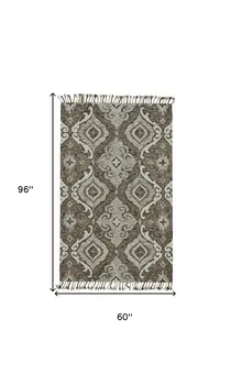5' X 8' Gray Taupe And Ivory Wool Floral Tufted Handmade Area Rug With Fringe
