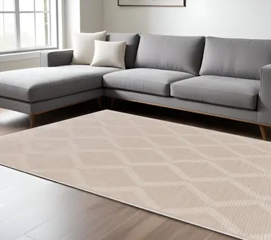 8' X 11' Ivory And Tan Geometric Stain Resistant Area Rug