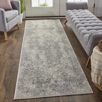 8' Ivory Gray And Black Abstract Stain Resistant Runner Rug