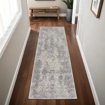 8' Ivory Gray And Black Abstract Stain Resistant Runner Rug