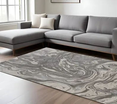8' X 11' Gray Ivory And Silver Abstract Stain Resistant Area Rug