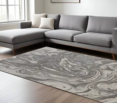 10' X 13' Gray Ivory And Silver Abstract Stain Resistant Area Rug