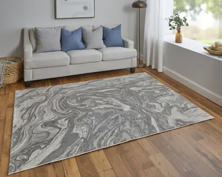 10' X 13' Gray Ivory And Silver Abstract Stain Resistant Area Rug