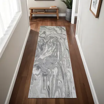 8' Gray Ivory and Silver Abstract Power Loom Distressed Runner Rug