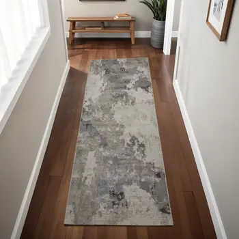 8' Ivory And Gray Abstract Stain Resistant Runner Rug