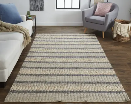 8' X 11' Gray and Ivory Wool Striped Hand Woven Area Rug
