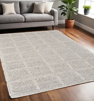 5' X 8' Gray and Ivory Wool Plaid Hand Woven Area Rug