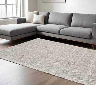 10' X 13' Gray and Ivory Wool Plaid Hand Woven Area Rug