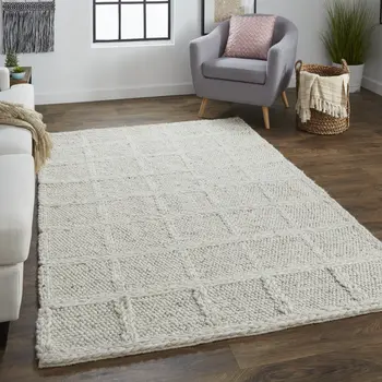 2' X 3' Gray and Ivory Wool Plaid Hand Woven Area Rug