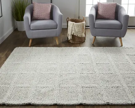2' X 3' Gray and Ivory Wool Plaid Hand Woven Area Rug