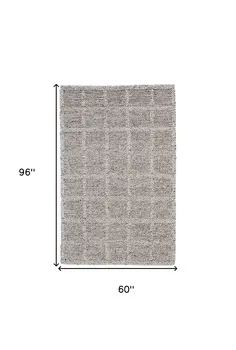 5' X 8' Gray and Ivory Wool Plaid Hand Woven Area Rug