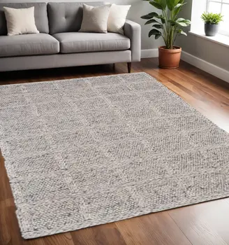 5' X 8' Gray and Ivory Wool Plaid Hand Woven Area Rug