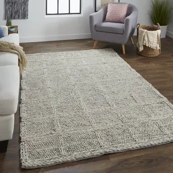 5' X 8' Gray and Ivory Wool Plaid Hand Woven Area Rug