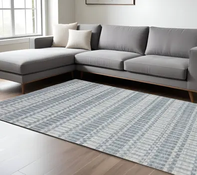 7' X 9' Blue Gray And Ivory Striped Hand Woven Area Rug