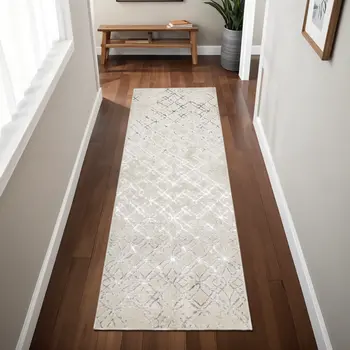 8' Silver Gray And White Abstract Stain Resistant Runner Rug
