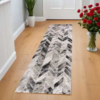 8' Beige and Black Chevron Runner Rug