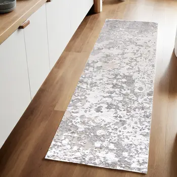 8' Gray and Silver Abstract Power Loom Runner Rug
