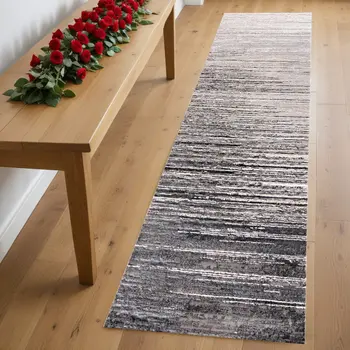 8' Black Silver And Gray Abstract Runner Rug