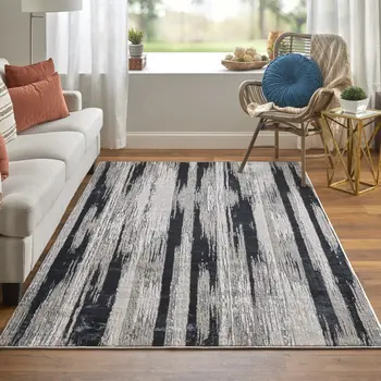 4' X 6' Black Silver and Gray Abstract Power Loom Area Rug