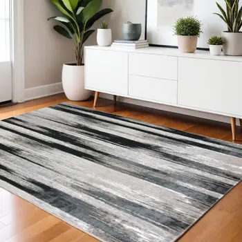 4' X 6' Black Silver and Gray Abstract Power Loom Area Rug