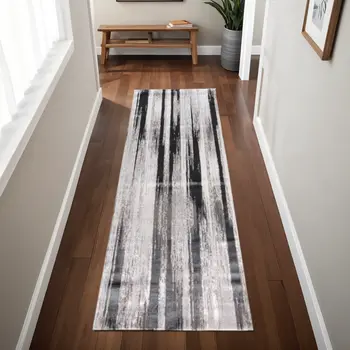 8' Beige and Black Abstract Power Loom Runner Rug