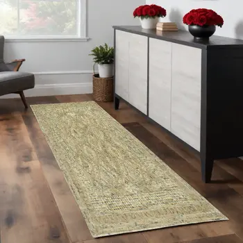 8' Beige Blue And Gray Wool Oriental Hand Tufted Runner Rug