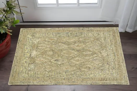 2' X 3' Tan Blue And Gray Wool Floral Tufted Handmade Stain Resistant Area Rug
