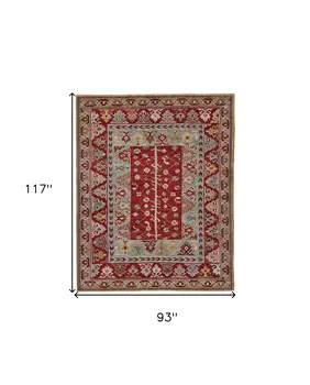8' X 10' Blue and Red Wool Floral Hand Knotted Distressed Area Rug With Fringe
