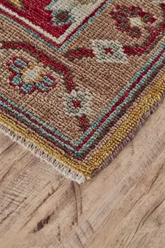 2' X 3' Red Blue And Brown Wool Floral Hand Knotted Distressed Stain Resistant Area Rug With Fringe