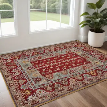 2' X 3' Red Blue And Brown Wool Floral Hand Knotted Distressed Stain Resistant Area Rug With Fringe