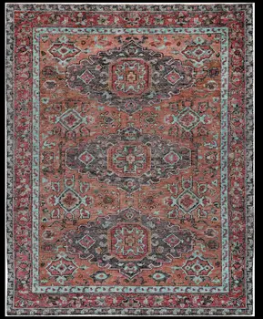 5' X 8' Blue and Red Wool Floral Hand Knotted Distressed Area Rug