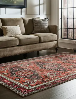 5' X 8' Blue and Red Wool Floral Hand Knotted Distressed Area Rug