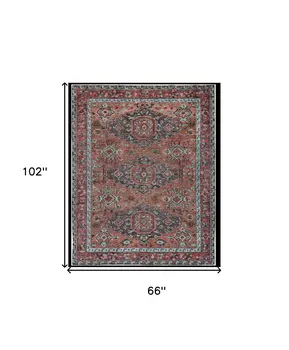 5' X 8' Blue and Red Wool Floral Hand Knotted Distressed Area Rug