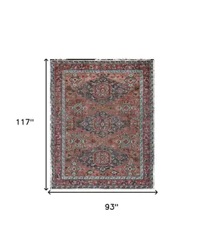 8' X 10' Red Orange Wool Floral Hand Knotted Distressed Area Rug With Fringe