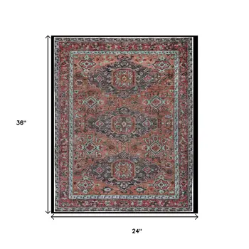 2' X 3' Red Orange And Blue Wool Floral Hand Knotted Distressed Stain Resistant Area Rug With Fringe