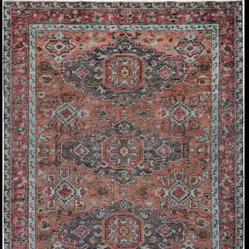 2' X 3' Red Orange And Blue Wool Floral Hand Knotted Distressed Stain Resistant Area Rug With Fringe