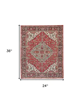 2' X 3' Red Gray And Ivory Wool Floral Hand Knotted Distressed Stain Resistant Area Rug With Fringe