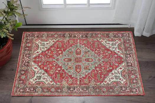2' X 3' Red Gray And Ivory Wool Floral Hand Knotted Distressed Stain Resistant Area Rug With Fringe