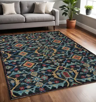 5' X 8' Blue Yellow And Red Wool Floral Hand Knotted Distressed Stain Resistant Area Rug With Fringe