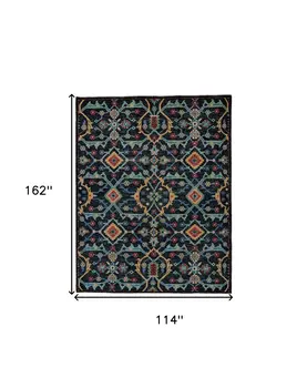 10' X 13' Blue Yellow And Red Wool Floral Hand Knotted Distressed Stain Resistant Area Rug With Fringe