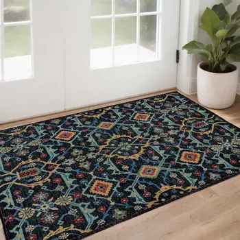 2' X 3' Blue Yellow And Red Wool Floral Hand Knotted Distressed Stain Resistant Area Rug With Fringe