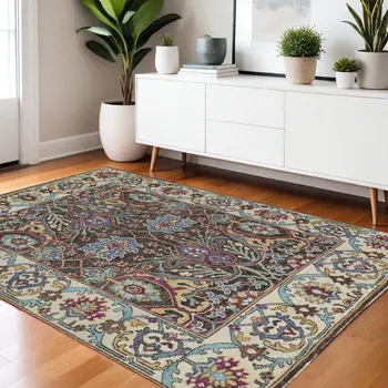 4' X 6' Ivory and Blue Wool Floral Hand Knotted Distressed Area Rug With Fringe