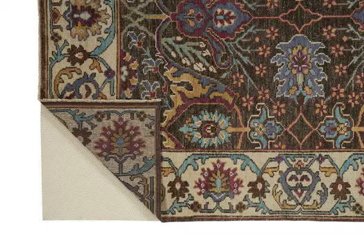 10' X 13' Ivory Brown And Blue Wool Floral Hand Knotted Distressed Stain Resistant Area Rug With Fringe