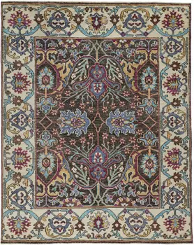 2' X 3' Ivory and Blue Wool Floral Hand Knotted Distressed Area Rug With Fringe